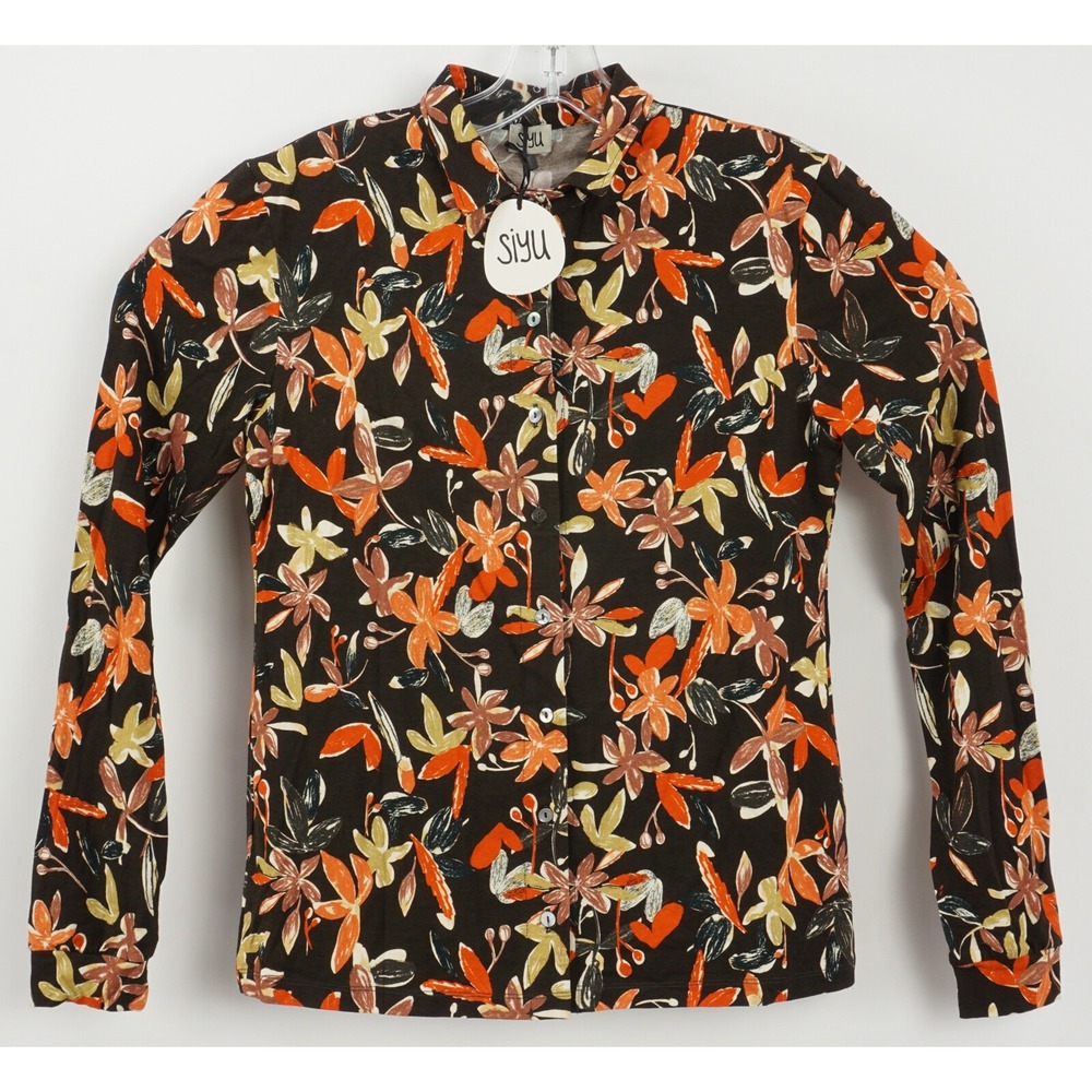 New‎ Siyu Women's EU 42 US 32 Black Orange Floral Viscose Jersey Button Up Shirt